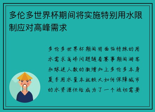 多伦多世界杯期间将实施特别用水限制应对高峰需求 多伦多世界杯期间将实施特别用水限制应对高峰需求