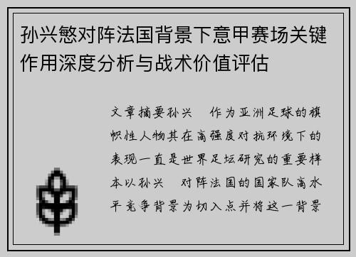 孙兴慜对阵法国背景下意甲赛场关键作用深度分析与战术价值评估